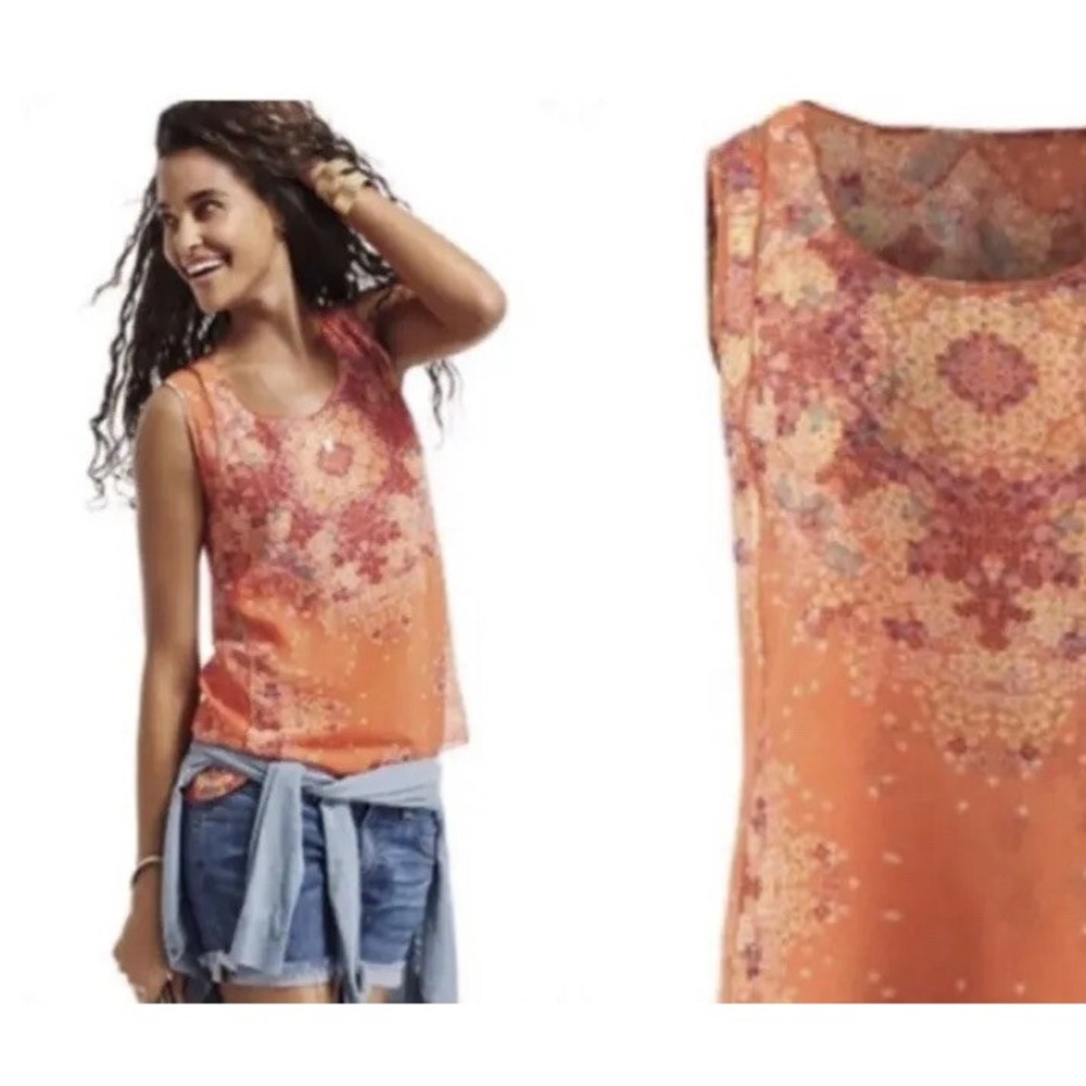 CAbi 268 Floral Edge Sleeveless Scoop Neck Tank Top Orange XS